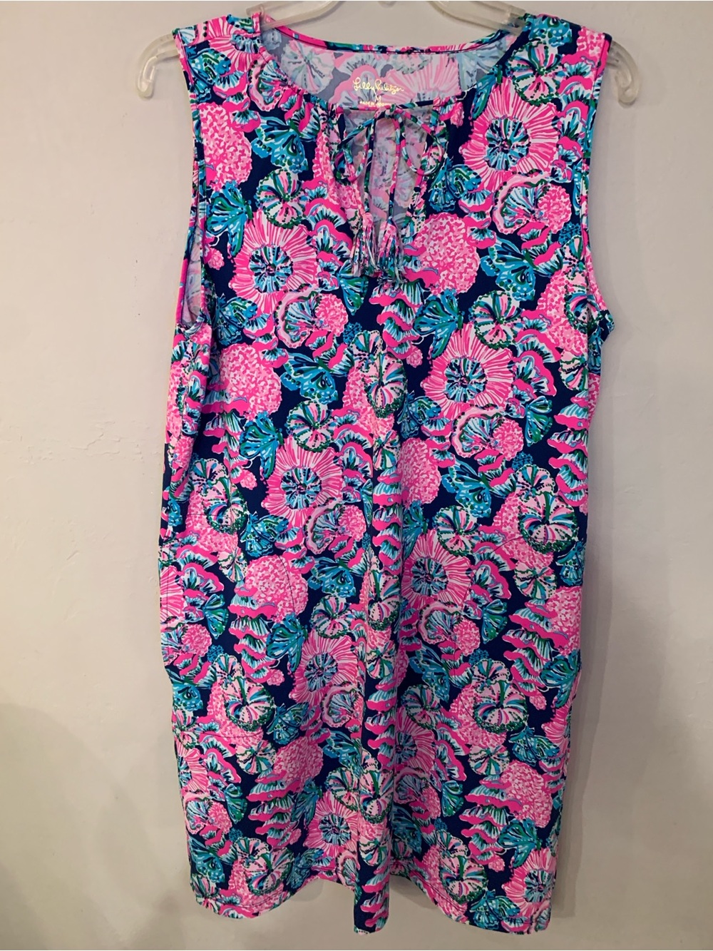 Lilly Pulitzer Pink & Blue Floral Shift Dress Tassel Tie Front Pocket M